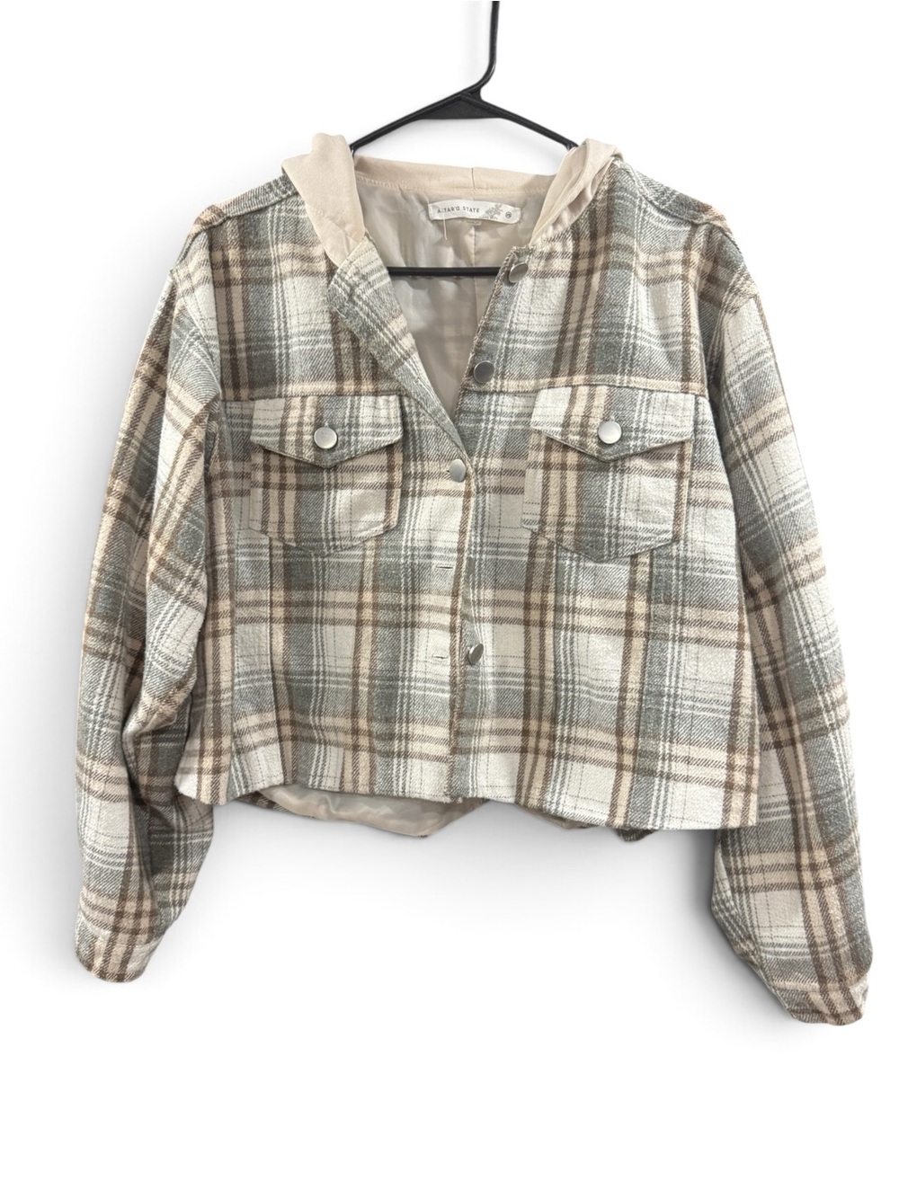 Altar’d State Plaid Hooded Cropped Shacket in Beige and Gray